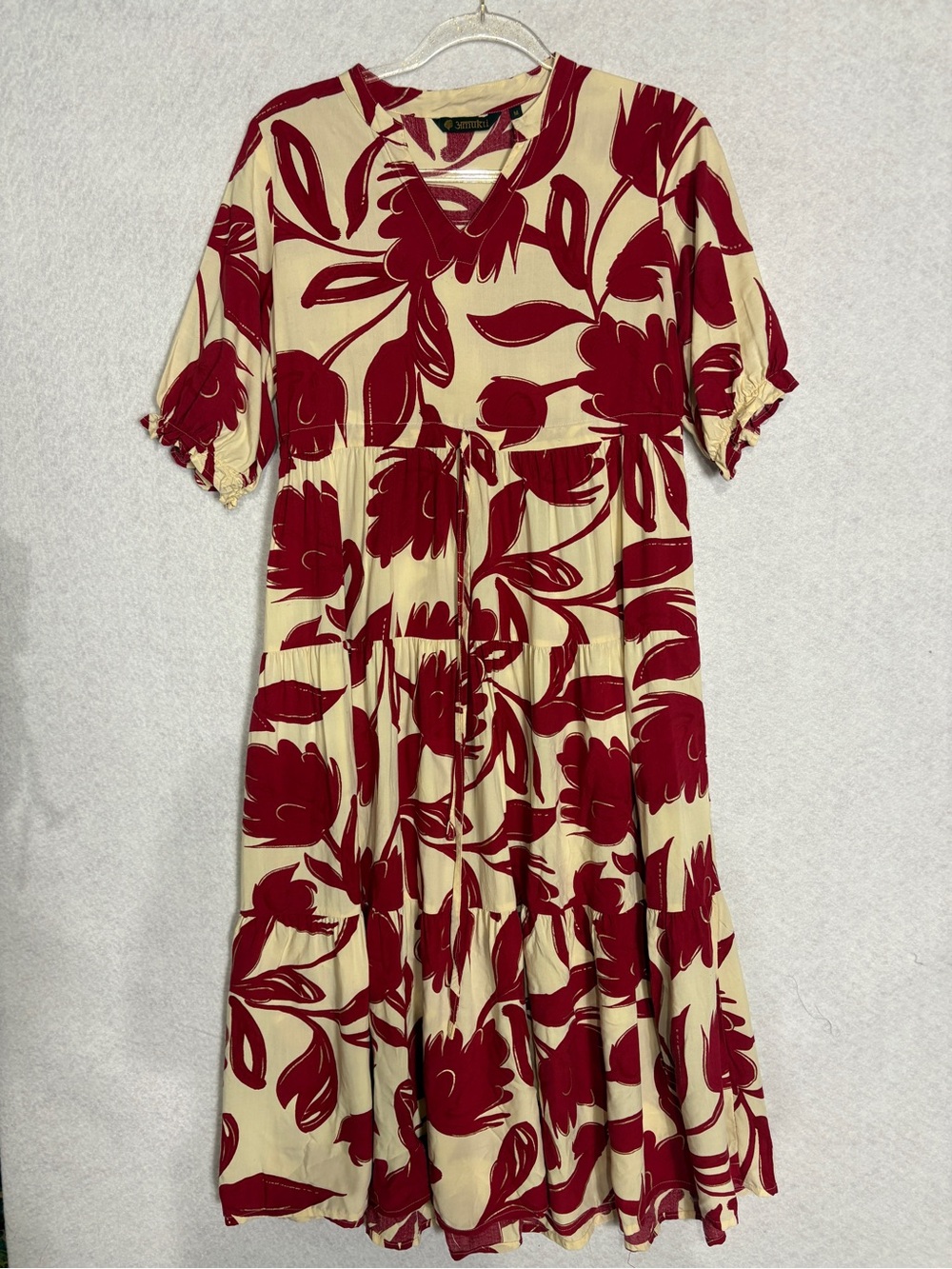 AMukti Red Floral Cream Tiered Dress Size M